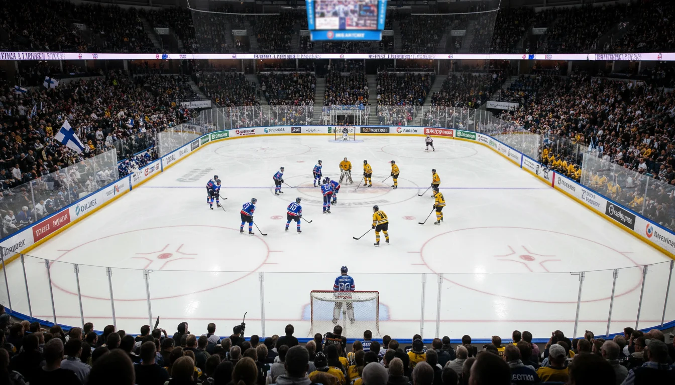 Jääkiekkoareena täynnä yleisöä MM-kisojen ottelussa, jäällä pelaajat valmiina aloitussyöttöön