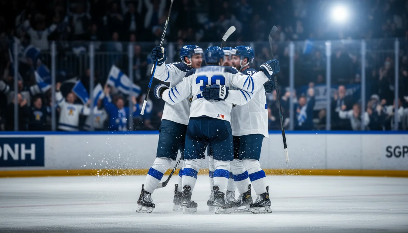 Suomen jääkiekkomaajoukkueen pelaajat juhlivat maalia sinivalkoisissa pelipaidoissa jäällä