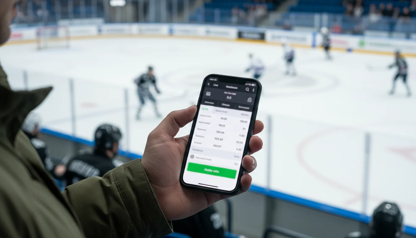 Katsoja seuraa jääkiekko-ottelua areenalla ja tarkistaa live-kertoimet puhelimestaan
