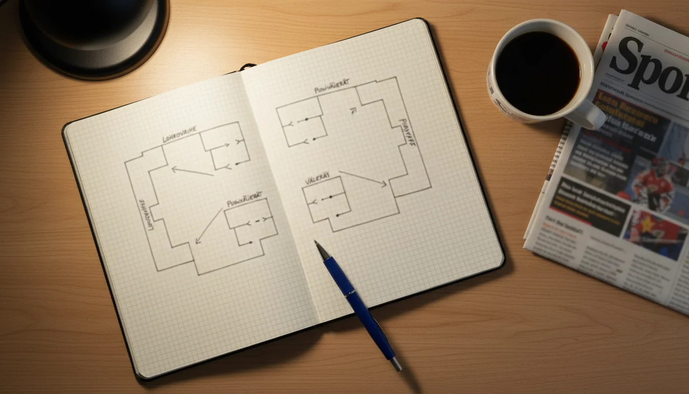 Jääkiekon MM-kisojen turnauskaavio piirrettynä muistikirjaan kynän vieressä pöydällä