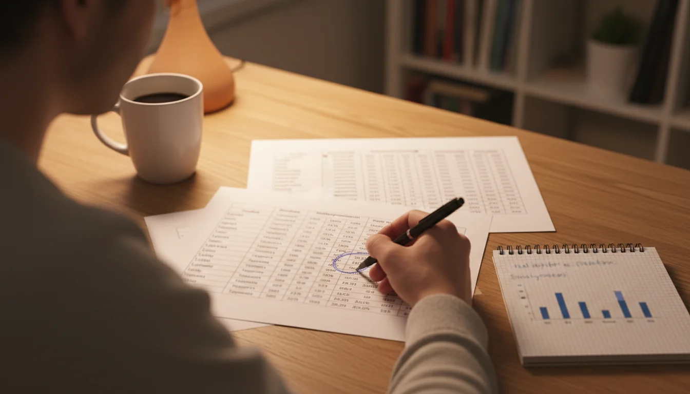 Henkilö tutkii jääkiekkotilastoja ja muistiinpanoja pöydän äärellä kahvikupin vieressä